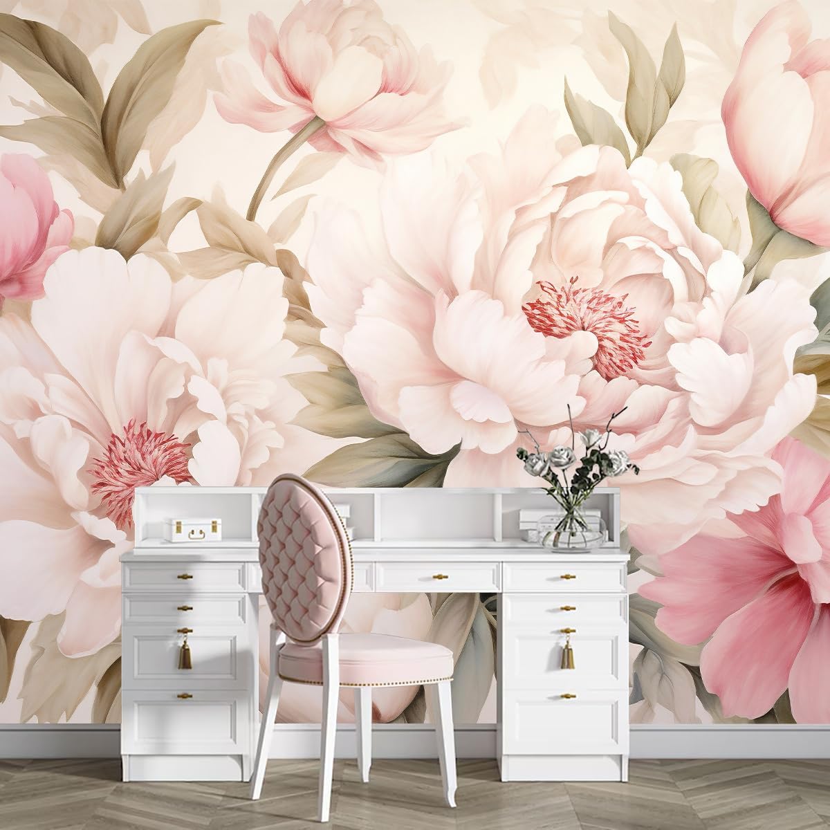 Beauty Makeup Desk - Elegant Peony Floral Mural Wallpaper Vanity