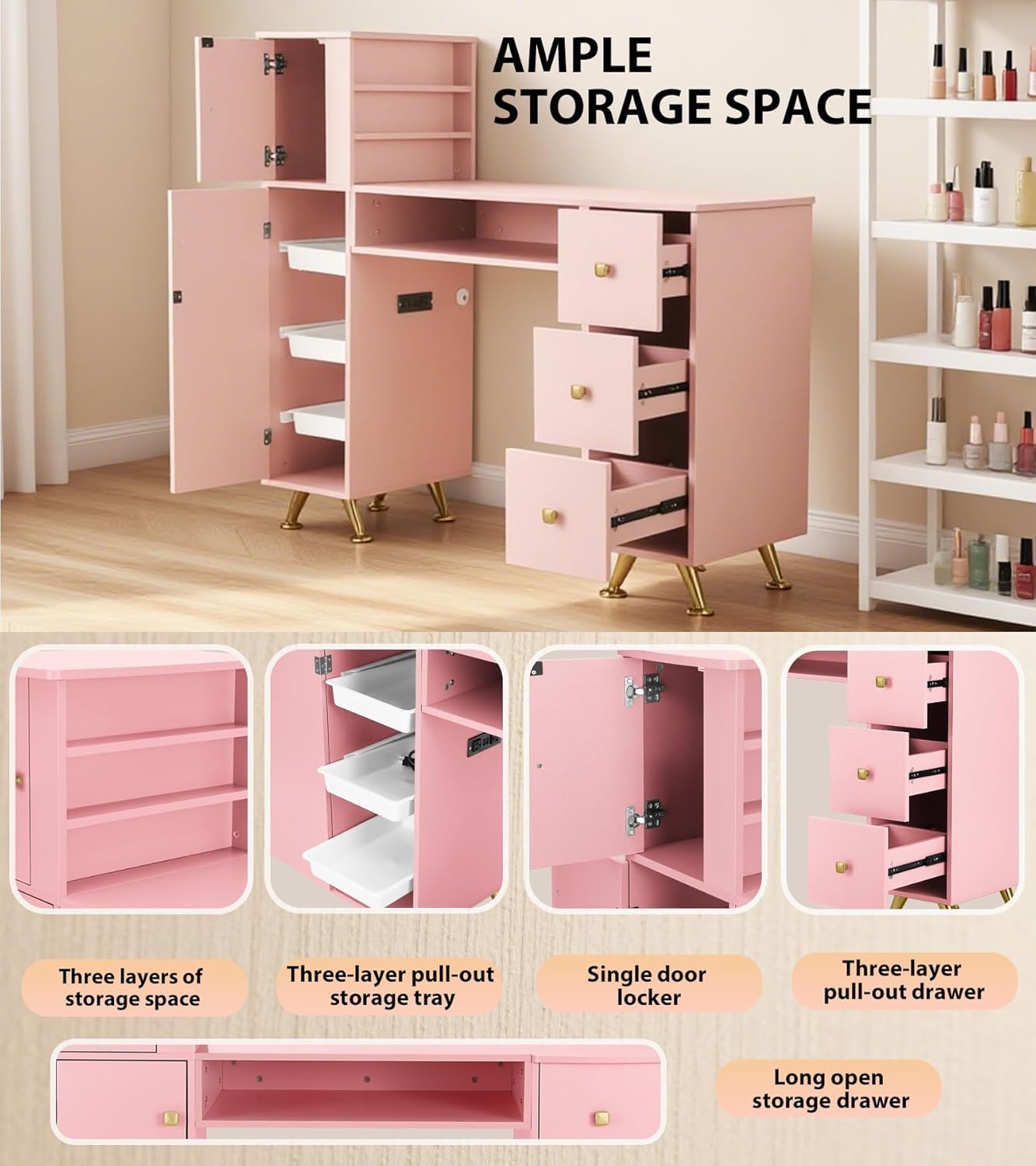 Pink Nail Table for Nail Tech, - Beauty Makeup Desk 评论和价格